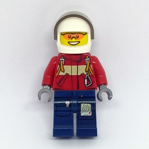Minifigurka LEGO Fireman, Red Jacket with Straps, Dark Blue Legs, White Helmet with Visor, Orange Sunglasses