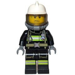 Minifigurka LEGO Fireman, Black Fire Suit with Gauge and Straps, White Helmet, Breathing Apparatus, Airtanks, Sweat Drops