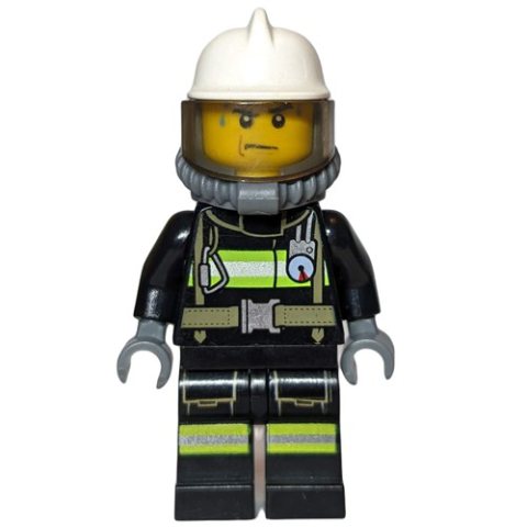 Minifigurka LEGO Fireman, Black Fire Suit with Gauge and Straps, White Helmet, Breathing Apparatus, Airtanks, Sweat Drops