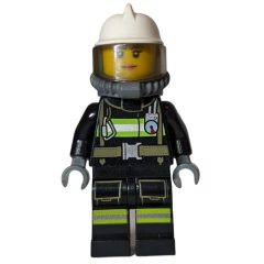 Minifigurka LEGO Firefighter, Female, Black Fire Suit with Gauge and Straps, White Helmet, Breathing Apparatus, Airtanks (3626cpr1580 Head)