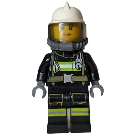 Minifigurka LEGO Firefighter, Female, Black Fire Suit with Gauge and Straps, White Helmet, Breathing Apparatus, Airtanks (3626cpr1580 Head)