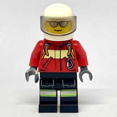Minifigurka LEGO Fireman, Red Jacket with Straps, White Helmet with Visor, Silver Sunglasses