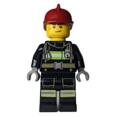 Minifigurka LEGO Fireman, Black Fire Suit with Gauge and Straps, Dark Red Helmet, Stubble and Scar