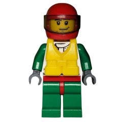 Minifigurka LEGO Racer, White and Green Jacket with Octan Logo, Red Helmet with Trans-Brown Visor, Yellow Life Vest, Stubble
