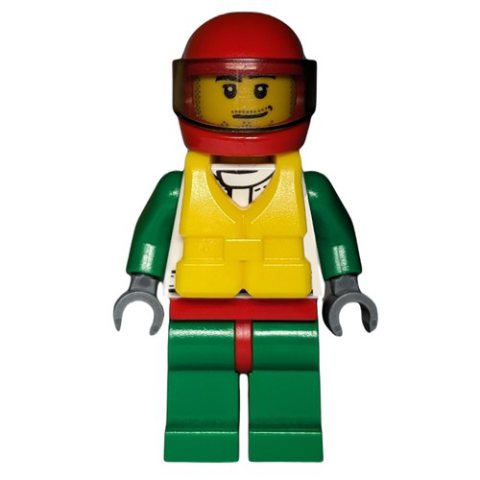 Minifigurka LEGO Racer, White and Green Jacket with Octan Logo, Red Helmet with Trans-Brown Visor, Yellow Life Vest, Stubble