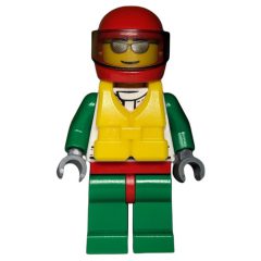 Minifigurka LEGO Racer, White and Green Jacket with Octan Logo, Red Helmet with Trans-Brown Visor, Yellow Life Vest, Silver Sunglasses