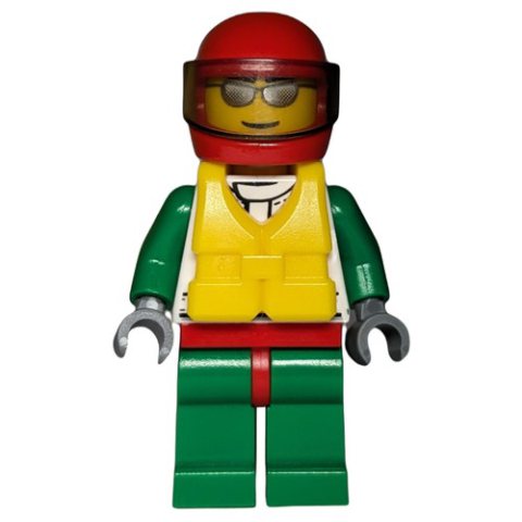 Minifigurka LEGO Racer, White and Green Jacket with Octan Logo, Red Helmet with Trans-Brown Visor, Yellow Life Vest, Silver Sunglasses