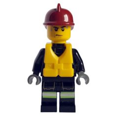 Minifigurka LEGO Fireman, Black Fire Suit with Gauge and Straps, Dark Red Helmet, Yellow Life Vest, Sweat Drops