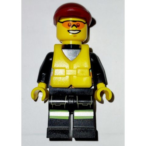 Minifigurka LEGO Fireman, Orange Safety Vest with Radio, Dark Red Cap, Yellow Life Vest, Orange Sunglasses
