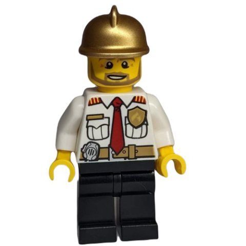 Minifigurka LEGO Fireman, White Shirt with Red Tie, Badge, and Radio on Belt, Gold Helmet, Beard