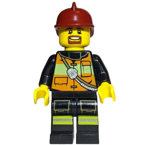 Minifigurka LEGO Fireman, Orange Safety Vest with Radio, Dark Red Helmet, Goatee Beard