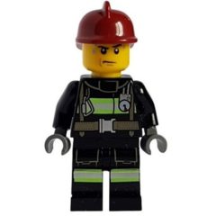 Minifigurka LEGO Fireman, Black Fire Suit with Gauge and Straps, Dark Red Helmet, Sweat Drops