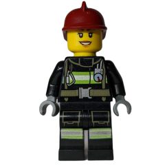 Minifigurka LEGO Firewoman, Black Fire Suit with Gauge and Straps, Dark Red Helmet