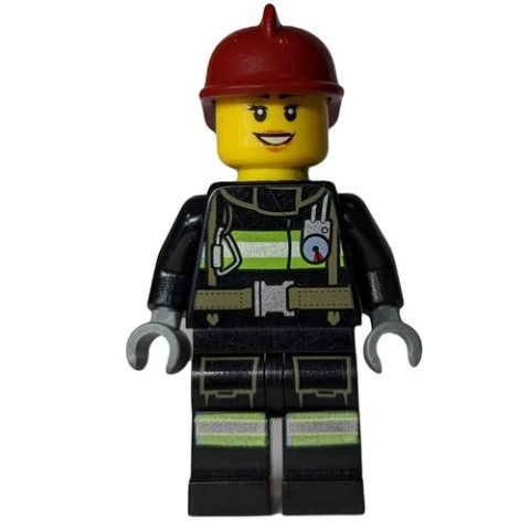 Minifigurka LEGO Firewoman, Black Fire Suit with Gauge and Straps, Dark Red Helmet