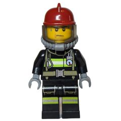 Minifigurka LEGO Fireman, Black Fire Suit with Gauge and Straps, Dark Red Helmet, Breathing Apparatus, Airtanks, Sweat Drops