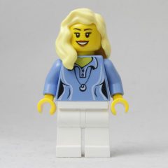 Minifigurka LEGO Woman, Medium Blue Polo Shirt with Necklace, White Legs, Light Bright Yellow Hair