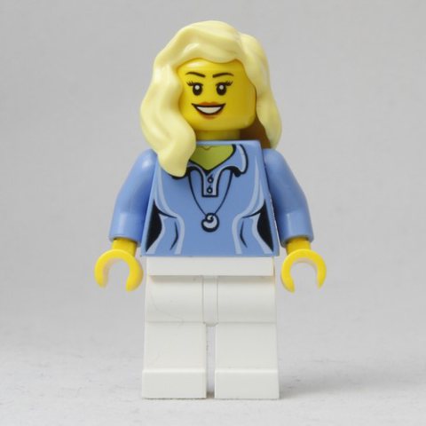 Minifigurka LEGO Woman, Medium Blue Polo Shirt with Necklace, White Legs, Light Bright Yellow Hair