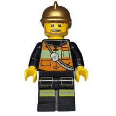 Minifigurka LEGO Fireman, Orange Safety Vest with Radio, Gold Helmet, Beard
