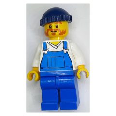 Minifigurka LEGO Man, Blue Overalls over Shirt, Blue Legs, Dark Blue Hat, Beard