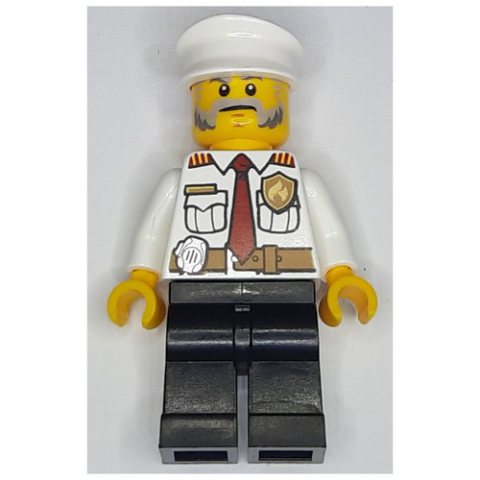 Minifigurka LEGO Fireman, White Shirt with Red Tie, Badge, and Radio on Belt, White Hat, Beard