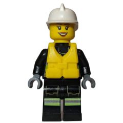 Minifigurka LEGO Firewoman, Safety Vest with Flashlight, Pocket, and Belt, White Helmet, Yellow Life Vest