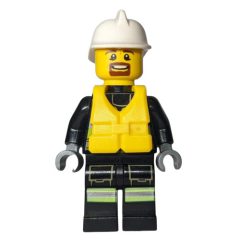 Minifigurka LEGO Fireman, Safety Vest with Flashlight, Pocket, and Belt, White Helmet, Yellow Life Vest, Goatee Beard
