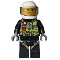 Minifigurka LEGO Firewoman, Safety Vest with Flashlight, Pocket, and Belt, Black Legs with Straps, White Helmet with Visor