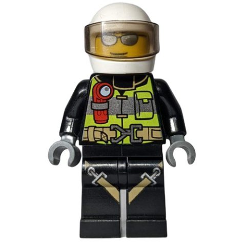 Minifigurka LEGO Fireman, Safety Vest with Flashlight, Pocket, and Belt, Black Legs with Straps, White Helmet with Visor, Silver Sunglasses