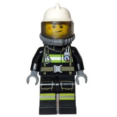 Minifigurka LEGO Fireman, Black Fire Suit with Gauge and Straps, White Helmet, Breathing Apparatus, Airtanks, Stubble and Scar