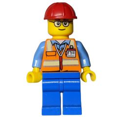 Minifigurka LEGO Construction Worker, Orange Safety Vest with Pen and ID Badge, Red Hard Hat, Glasses