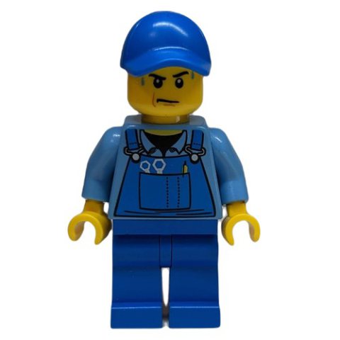 Minifigurka LEGO Man, Blue Overalls over Shirt, Blue Legs, Black Cap, Sweat Drops
