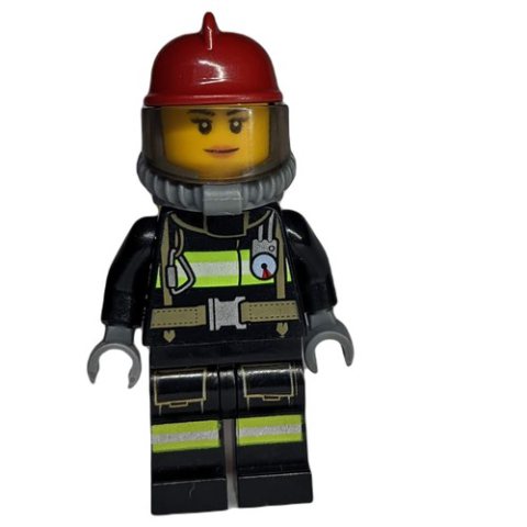 Minifigurka LEGO Firewoman, Black Fire Suit with Gauge and Straps, Dark Red Helmet, Breathing Apparatus, Airtanks