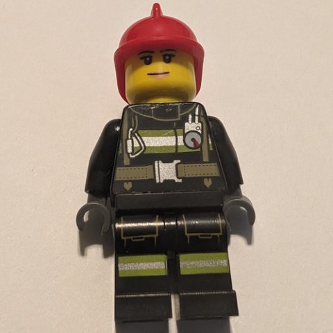 Minifigurka LEGO Firewoman, Black Fire Suit with Gauge and Straps, Red Helmet