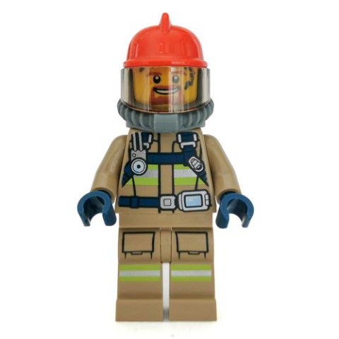 Minifigurka LEGO Fireman, Dark Tan Fire Suit with Gauge and Straps, Red Helmet, Breathing Apparatus, Airtanks, Goatee Beard