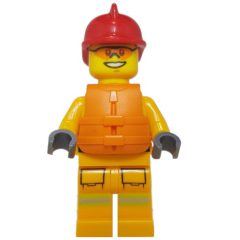 Minifigurka LEGO Fireman, Bright Light Orange Fire Suit, Red Helmet, Orange Life Vest, Orange Sunglasses