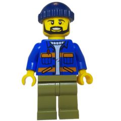 Minifigurka LEGO Worker, Blue Shirt with Orange Stripes and Pockets, Olive Green Legs, Dark Blue Hat, Beard