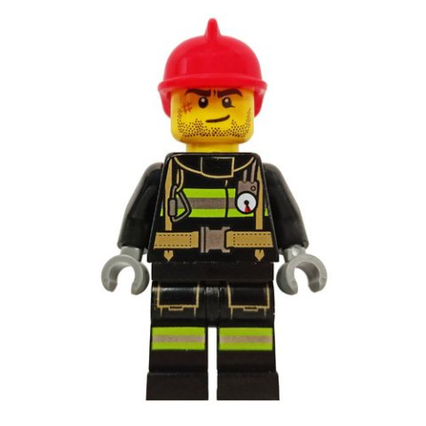 Minifigurka LEGO Fireman, Black Fire Suit with Gauge and Straps, Red Helmet, Stubble and Scar