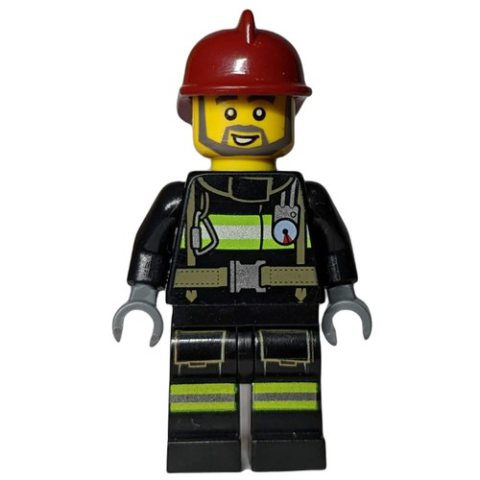 Minifigurka LEGO Fireman, Black Fire Suit with Gauge and Straps, Dark Red Helmet, Beard