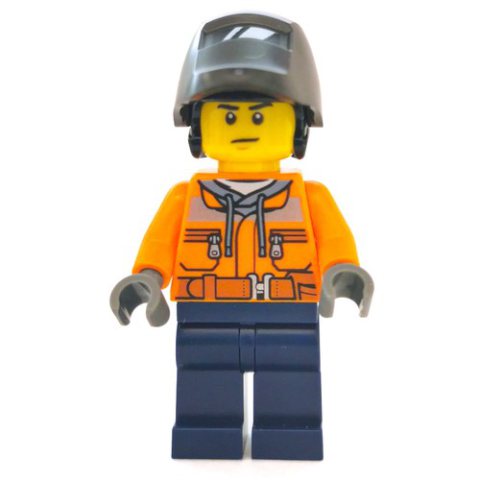 Minifigurka LEGO Construction Worker, Orange Jacket with Zipper and Reflective Stripes, Dark Blue Legs, Welding Mask