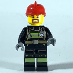 Minifigurka LEGO Fireman, Black Fire Suit with Gauge and Straps, Red Helmet, Goatee Beard