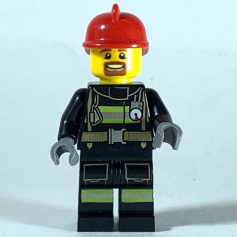 Minifigurka LEGO Fireman, Black Fire Suit with Gauge and Straps, Red Helmet, Goatee Beard