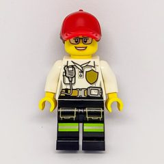 Minifigurka LEGO Firewoman, White Polo Shirt with Radio and Badge, Red Cap with Hair, Glasses