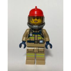 Minifigurka LEGO Firewoman, Dark Tan Fire Suit with Gauge and Straps, Red Helmet, Breathing Apparatus, Airtanks, Dirty