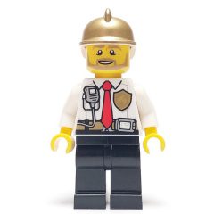 Minifigurka LEGO Fireman, White Shirt with Red Tie, Badge, and Radio on Pocket, Gold Helmet, Beard