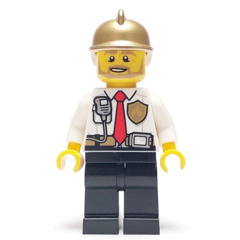 Minifigurka LEGO Fireman, White Shirt with Red Tie, Badge, and Radio on Pocket, Gold Helmet, Beard