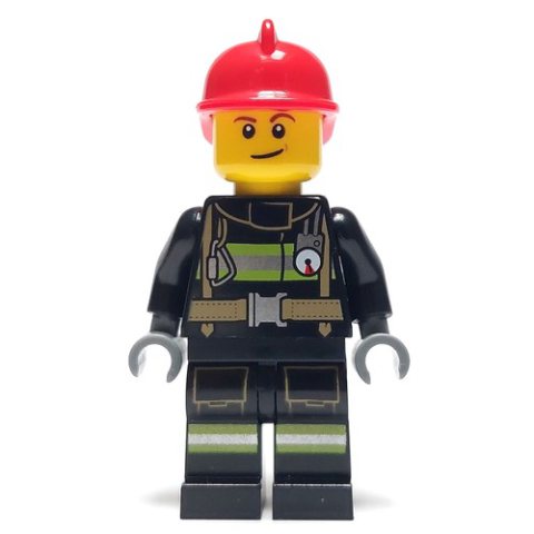 Minifigurka LEGO Fireman, Black Fire Suit with Gauge and Straps, Red Helmet