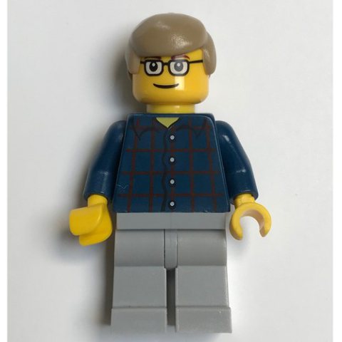 Minifigurka LEGO Man, Dark Blue Plaid Shirt, Light Bluish Gray Legs, Dark Tan Hair, Glasses