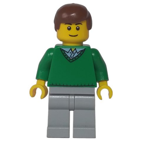 Minifigurka LEGO Man, Green V-Neck Sweater, Light Bluish Gray Legs, Reddish Brown Hair