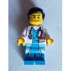 Minifigurka LEGO Doctor, White Lab Coat over Dark Azure Scrubs with ID Badge and Stethoscope, Black Hair