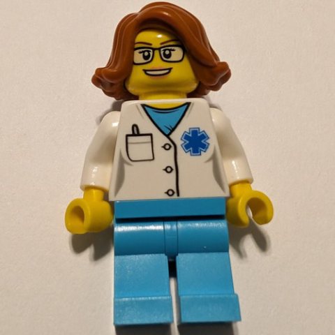 Minifigurka LEGO Doctor Grey, Woman, White Shirt over Medium Azure Scrubs with Star of Life and Pocket, Dark Orange Hair, Glasses
